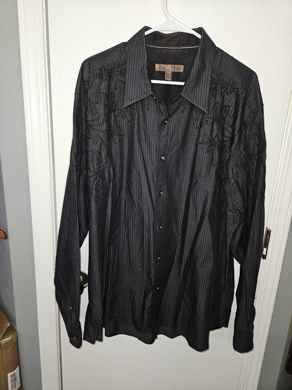 Men's Black Pinstripe Dress Shirt with Subtle Embroidered Detail